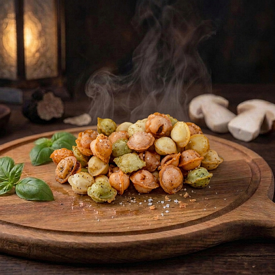 Пельмени жареные с чесноком 